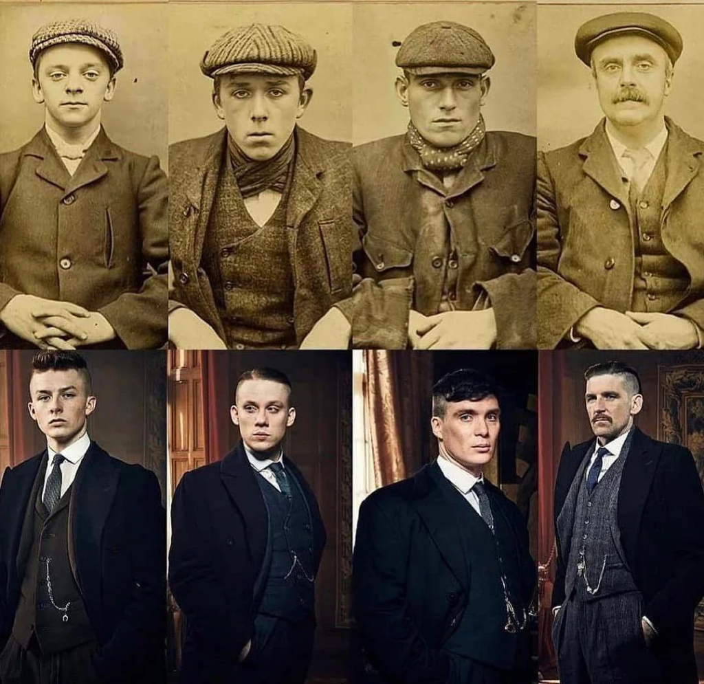 Imagen comparativa de los peaky blinders originales y los actores de la serie